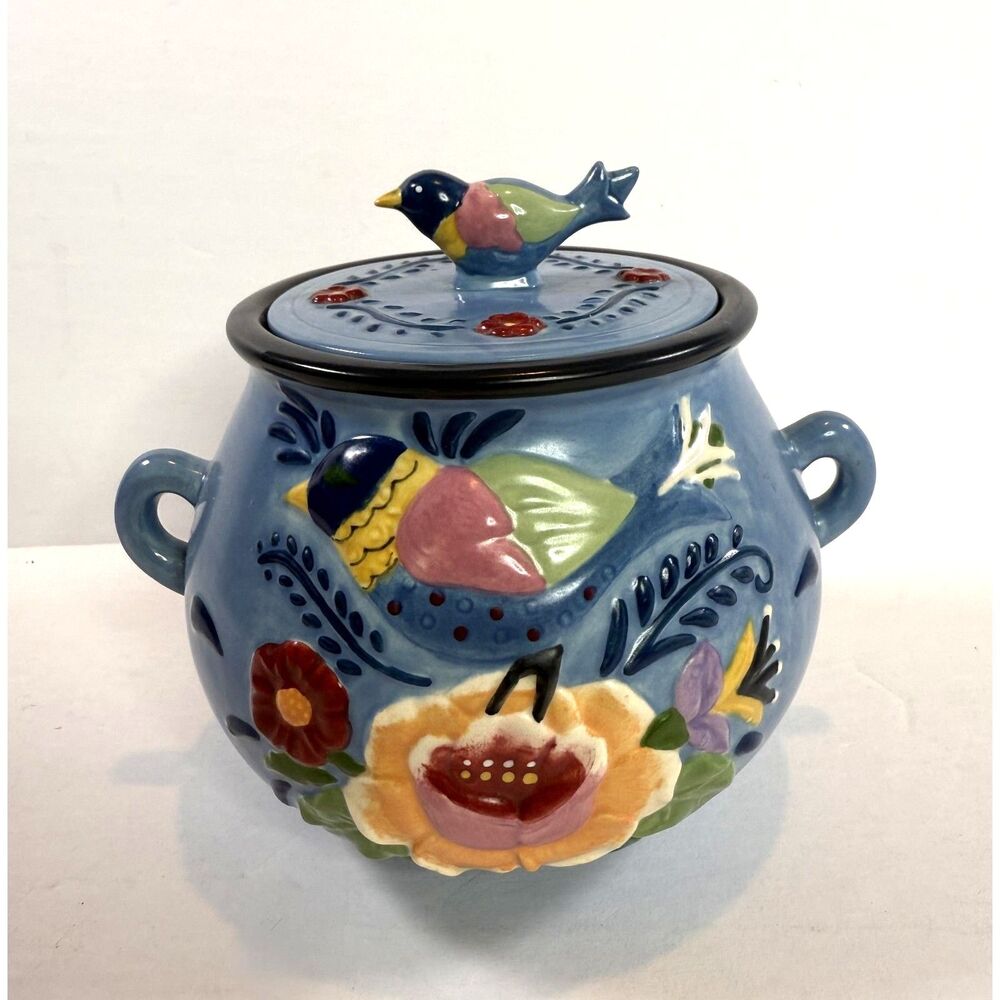 Vintage Jim Shore Enesco Bluebird Floral Crock Pot With Lid Country Style